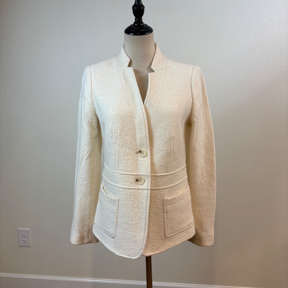 Talbots Blazer Women 2 L Cream Wool Blend Bouclé Notched Stand Collar Old Money - Picture 2 of 10